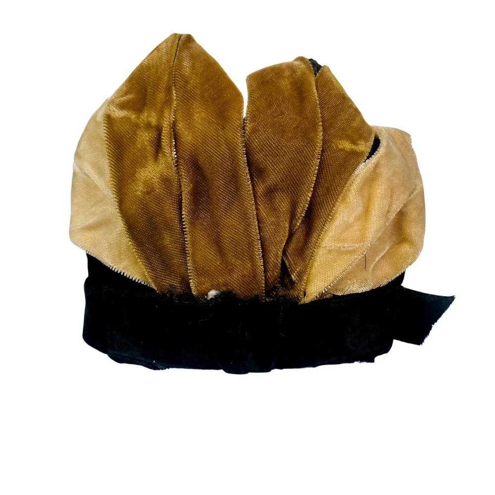 Vtg Velvet Pleated Cocktail Hat Gold Black Architectural‎ Fascinator Bow Calot